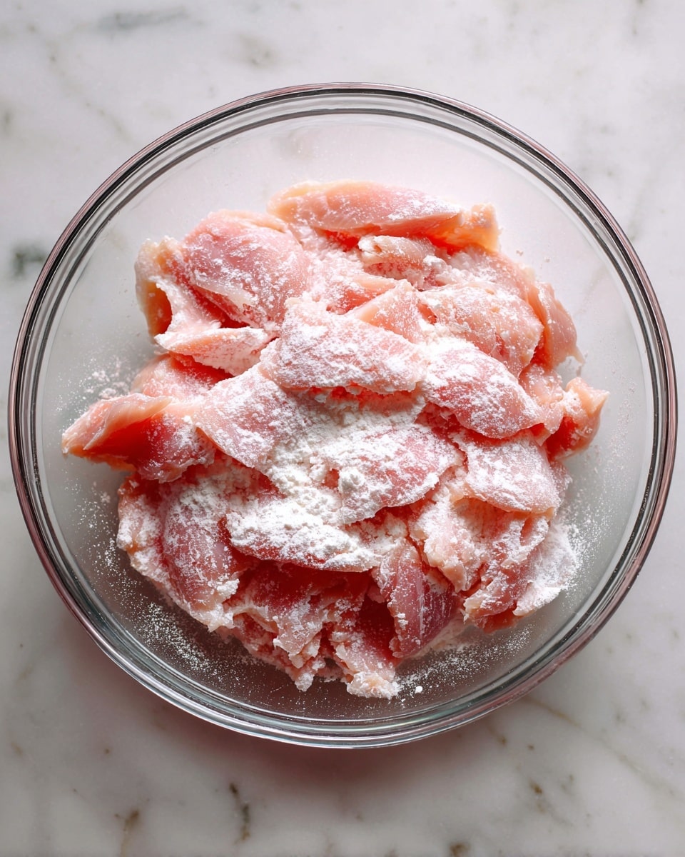 The image shows a clear glass bowl with many thin slices of pink raw chicken pieces sprinkled lightly with white flour, all piled together in the center of the bowl, which sits on a white marbled surface. The chicken texture looks soft and fresh with the flour dust unevenly spread on top and between the pieces. Photo taken with an iphone --ar 4:5 --v 7