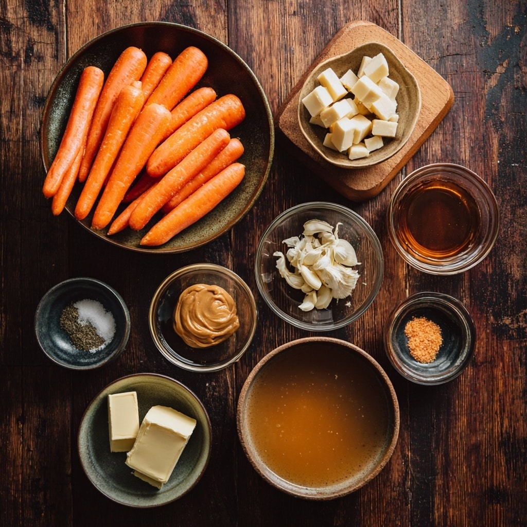 The first image shows a black bowl with a few ingredients placed inside: a light brown paste, a white chunk, and some grated or chopped pale yellow pieces. The bowl sits on a wooden surface with a woman's hand holding it lightly from the side. The second image shows a black pan filled with many small to medium whole carrots, bright orange in color, spread evenly inside the pan. The pan is on a black surface. Both scenes are simple and focused on the food items. photo taken with an iphone --ar 4:5 --v 7