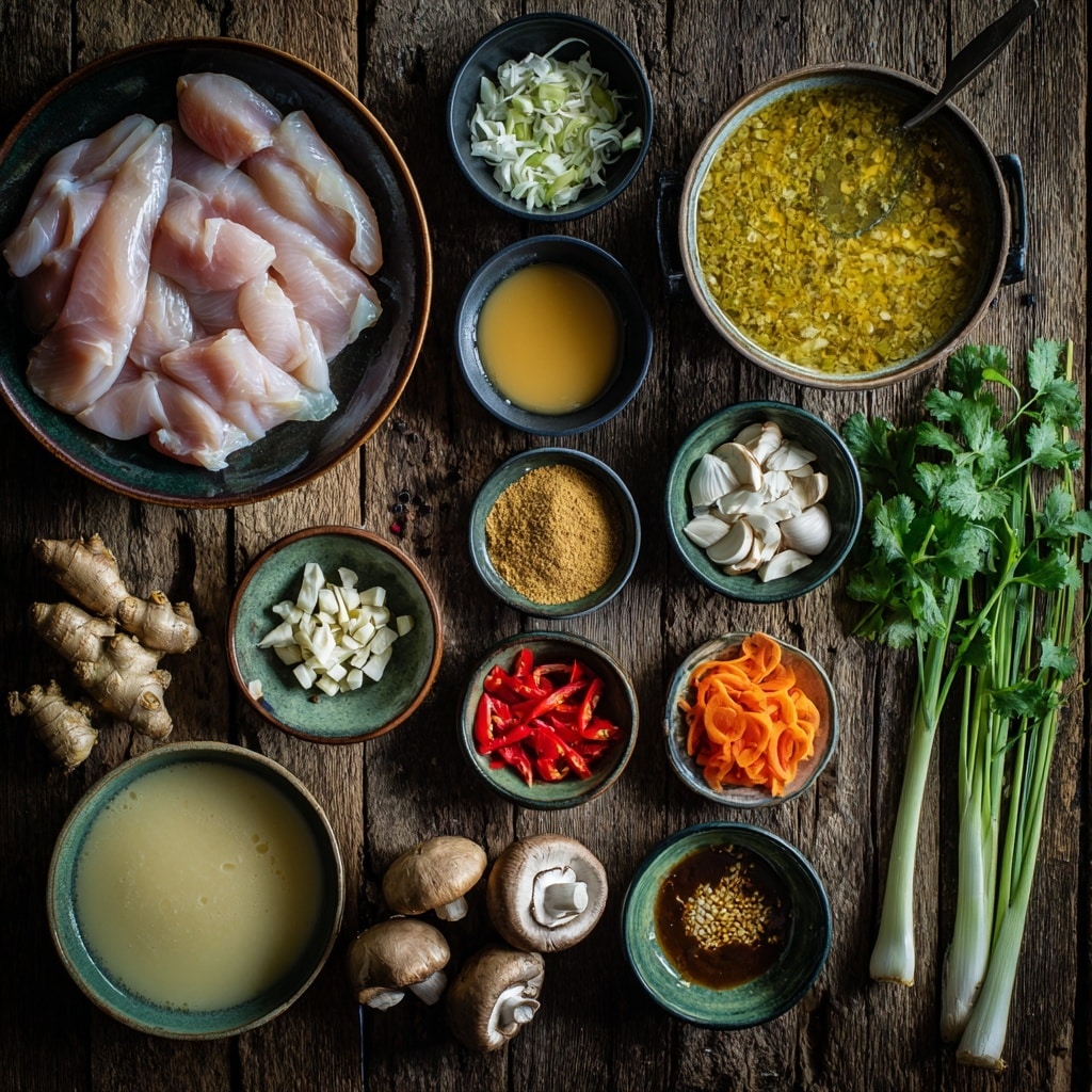 A close-up view inside a metal pot filled with creamy white soup, showing layers of thinly sliced white mushrooms, bright red chili slices, small pieces of white chicken, and fresh green herbs scattered evenly throughout the creamy broth. A wooden spoon rests on the right side, partially submerged in the soup, with its natural wood texture visible. The pot is set on a white marbled surface. photo taken with an iphone --ar 4:5 --v 7
