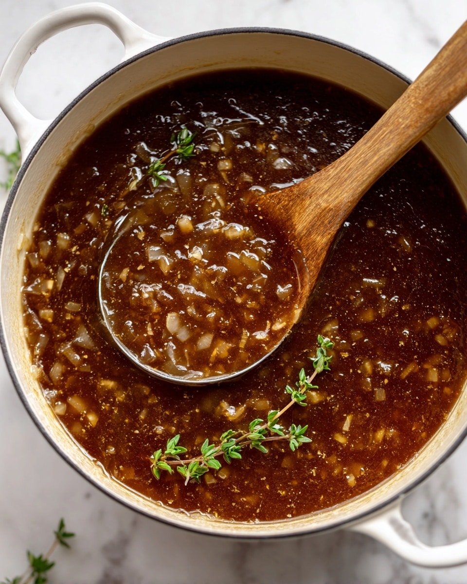 The image shows a close-up top view of a large, white enamel pot filled with thick, dark brown onion soup. The soup has visible soft, translucent cooked onions stirred evenly throughout, creating a textured surface with little bubbles shining on the glossy broth. A wooden spoon inside the pot holds some of the soup, and a metal ladle rests on the edge of the pot. Small sprigs of fresh green thyme float gently on the surface, adding a touch of color contrast. The pot sits on a white marbled surface that adds a clean, bright background to the image. Photo taken with an iphone --ar 4:5 --v 7