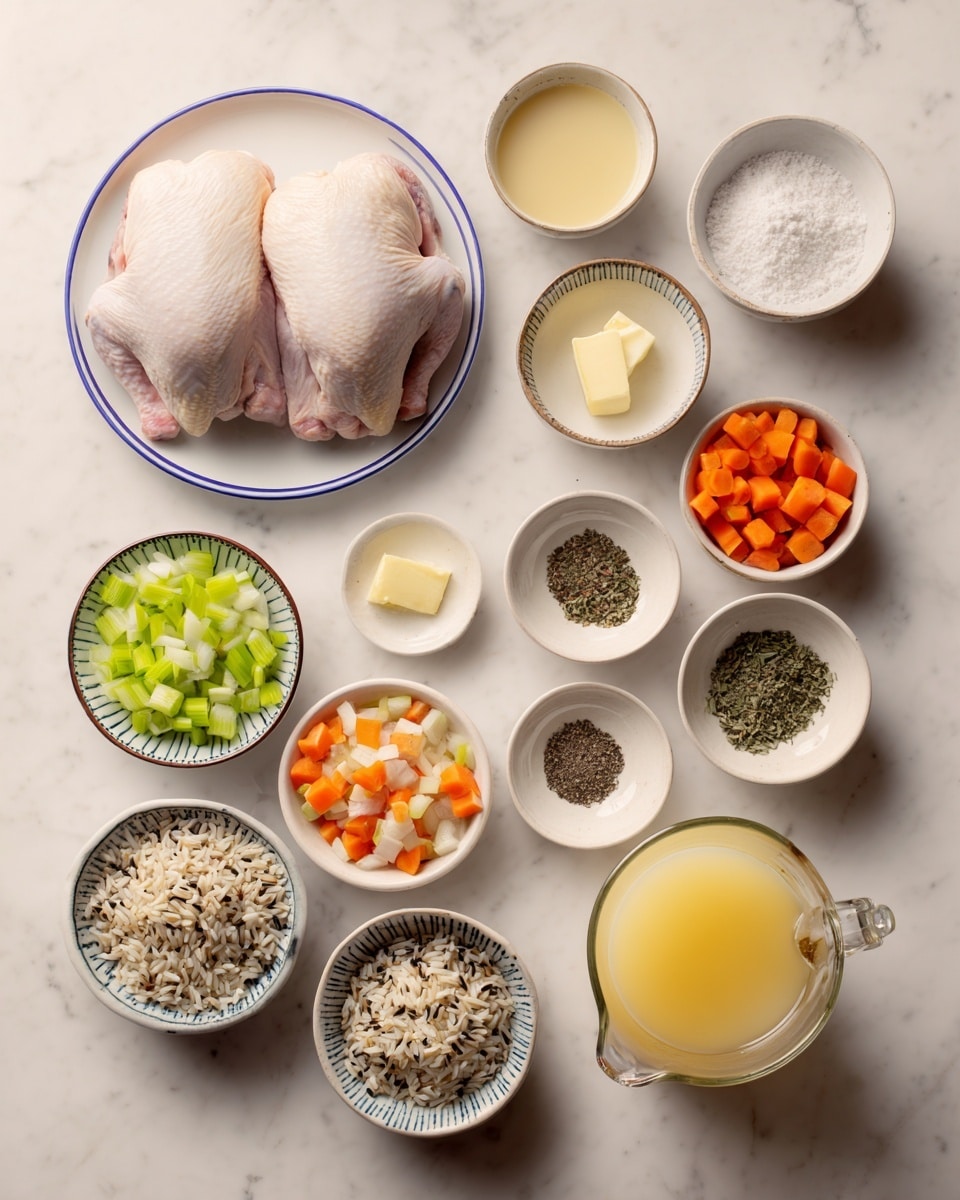 The image shows ingredients neatly arranged on a white marbled surface. Two raw chicken pieces rest on a white plate with a blue rim to the left. Small white bowls hold chopped celery, diced carrots, chopped onions, minced garlic, and wild rice in a striped bowl. There is a small bowl of butter, a bowl with salt, a small bowl of mixed dried herbs and bay leaves, black pepper in a white bowl, and flour in another small bowl. A measuring cup filled with milk and another large measuring glass with yellow broth are also visible. A small bowl of melted butter is placed near the center. The scene is clean and bright, with everything spaced evenly. Photo taken with an iphone --ar 4:5 --v 7