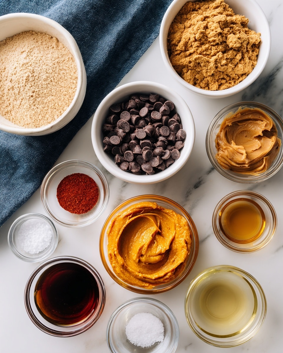 A bright overhead view shows a white marbled surface with a dark blue cloth beneath several small white bowls and clear glass bowls. The largest white bowl in the top left is filled with light tan, fine powder. Next to it, a white bowl holds small dark brown chocolate chips. To the top right, a glass bowl is filled with golden brown sugar, and a similar bowl next to it contains light brown creamy peanut butter. Below, a clear glass bowl has bright orange smooth pumpkin puree. Next to it a similar bowl holds dark amber liquid vanilla extract. Three small clear glass bowls near the bottom contain a white powder, light silver salt, and red chili powder. Another glass bowl contains a clear pale yellow liquid oil. The image is clean, bright, and well organized with ingredients laid out neatly photo taken with an iphone --ar 4:5 --v 7