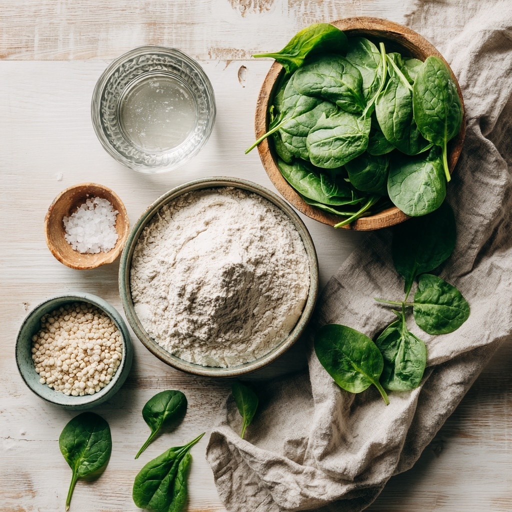 The image shows a clear food processor bowl on a white marbled surface, filled with ingredients ready to blend. Inside, there is a layer of white powdery flour on one side, a pile of coarse pale yellow cornmeal or polenta on another side, and a bunch of fresh, dark green leaves (possibly spinach or similar greens) placed on top. The food processor's black central blade holder is visible in the middle, surrounded by these layers of ingredients. Photo taken with an iphone --ar 4:5 --v 7