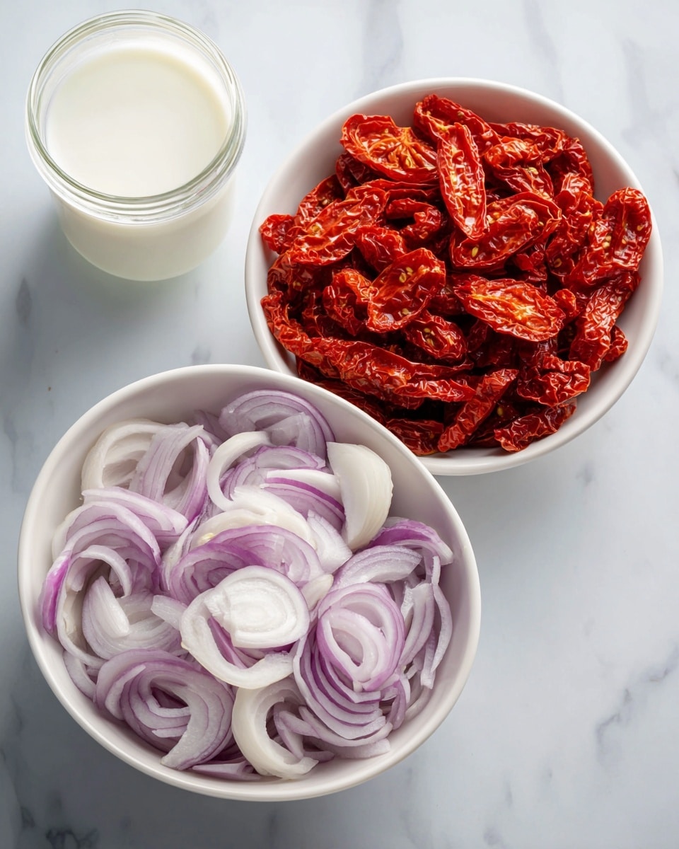 Two white bowls sit side by side on a white marbled surface, one filled with bright red sun-dried tomatoes with a slightly wrinkled texture and the other filled with thinly sliced purple and white onions, appearing fresh and slightly wet. A small glass of milk is partially visible at the top left corner. The scene is simple and clean, with the contrast of colors between the ingredients standing out against the soft background. Photo taken with an iphone --ar 4:5 --v 7