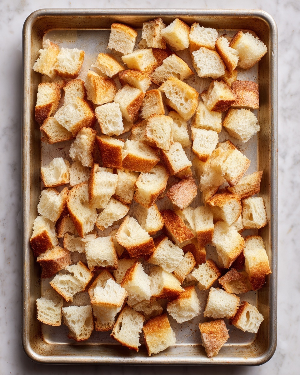 A metal baking tray filled with many small pieces of torn bread scattered evenly across its surface. The bread pieces are irregular in shape and size, showing soft, white interiors with crusty, golden-brown edges. The tray itself has a well-used look with marks and slight discolorations, set against a white marbled textured background. photo taken with an iphone --ar 4:5 --v 7