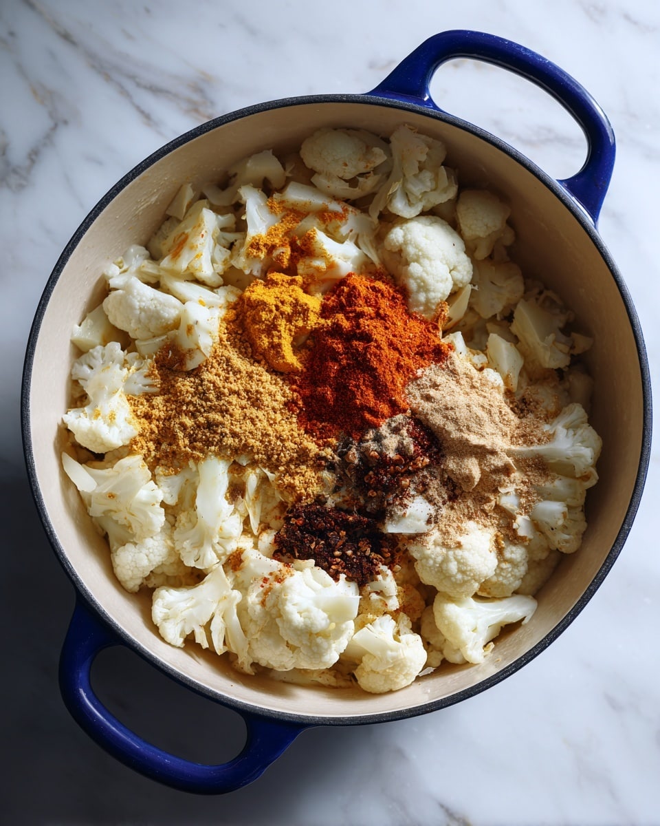 The image shows a white pot with a blue handle on a white marbled surface, filled with cooked, soft white cauliflower pieces. On top of the cauliflower, there are several dry spices in small piles, including orange turmeric, dark brown cumin, and a bit of dark red chili powder. The spices sit in the middle of the cauliflower, creating a colorful contrast against the pale vegetable pieces. The texture of the cauliflower looks tender with small soft chunks. Photo taken with an iphone --ar 4:5 --v 7