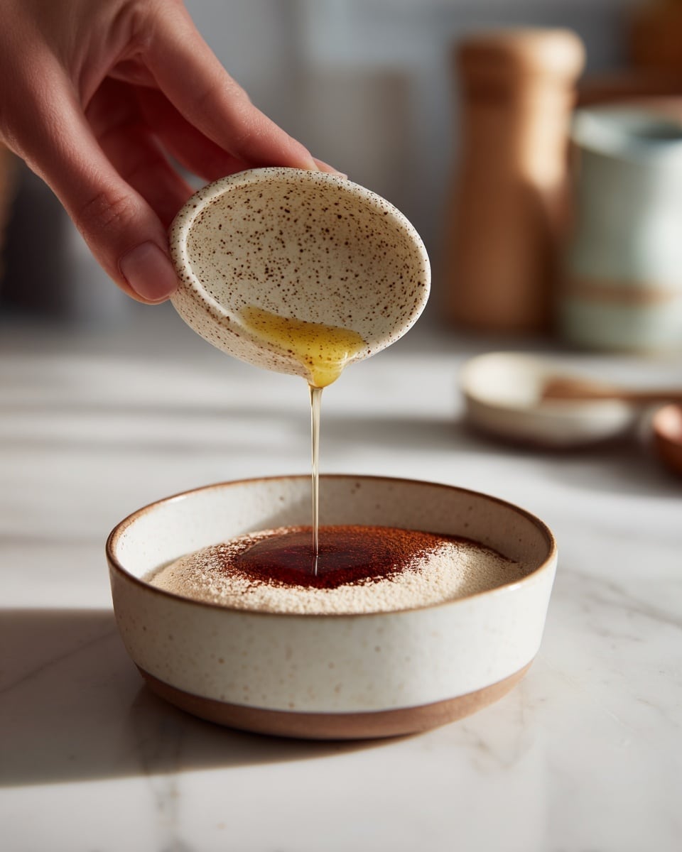 A close-up shot of a white bowl with a brown rim on a white marbled surface, containing three layers: a light beige powder on top, a dark reddish-brown liquid beneath it, and a small pool of pale yellow liquid around the edges. A woman's hand is holding a small, beige speckled ceramic bowl or lid above the bowl, about to pour or add something. The background shows blurry kitchen items with soft light. Photo taken with an iphone --ar 4:5 --v 7