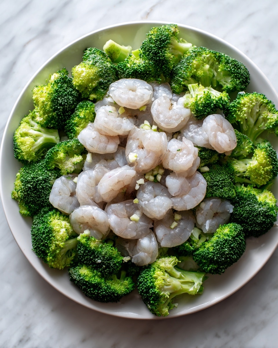 A close-up view of a white tray filled with bright green broccoli florets spread around the edges, forming the first layer, topped with a second layer of raw, translucent grayish-white shrimp arranged in a scattered pile at the center, with small chopped garlic pieces sprinkled neatly on top, all sitting on a white marbled background. Photo taken with an iphone --ar 4:5 --v 7