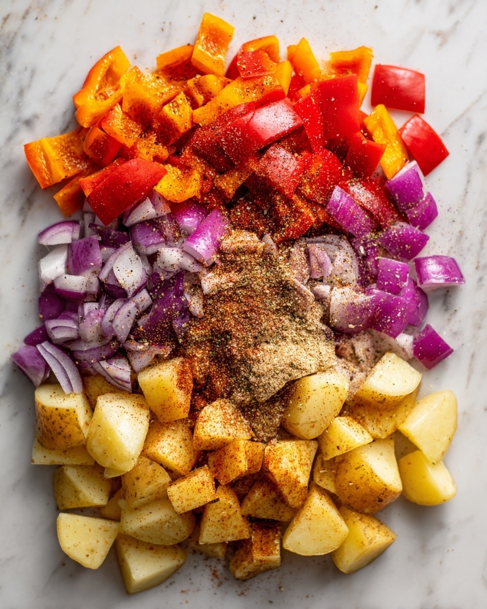 This image shows a close-up of mixed chopped vegetables on a white marbled surface. The vegetables are layered loosely in an even spread and include pieces of red and orange bell peppers with smooth, shiny skins, diced little yellow potatoes with soft edges, and chunks of purple-red onion with crisp layers. The top layer has sprinkled light brown and dark spice powders, giving a textured look over the colorful veggies. The overall scene has a fresh, raw appearance with a slight shine on the vegetables, making them look ready to cook. photo taken with an iphone --ar 4:5 --v 7