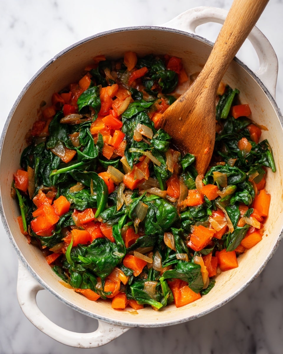 The image shows a close-up of a white pot filled with a cooked mix of vegetables. The dish has several layers: there are bright chunks of orange bell peppers scattered evenly, dark green spinach leaves with visible veins and stems, and small pieces of light brown cooked onions. The vegetables look sautéed with a slight sheen from oil, giving them a soft and tender texture. A wooden spatula is visible on the side of the pot, suggesting stirring. The pot sits on a white marbled surface. photo taken with an iphone --ar 4:5 --v 7