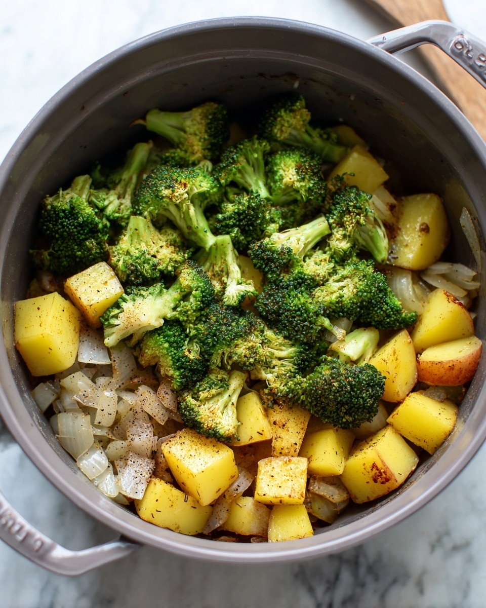 Inside a grey pot, there is a mix of vegetables cooking together. The base layer contains small chopped pieces of white onion, dotted with brown seasoning spots. On top of that, there are medium-sized yellow potato chunks with a slightly soft texture mixed with dark seasoning herbs. The upper layer has bright green broccoli florets with detailed buds and stalks, some with a light yellow tint. The vegetables are slightly shiny from cooking and have a mix of soft and firm textures. The pot sits on a white marbled surface with part of a wooden spoon visible in the top right corner. photo taken with an iphone --ar 4:5 --v 7