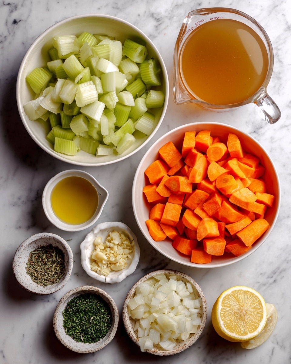 The image shows several white bowls holding different ingredients arranged on a white marbled surface. One large bowl contains light green celery pieces cut into small curved sections with a crisp texture. Another large bowl holds bright orange carrot chunks cut into thick slices with a slightly rough surface. A third large bowl is filled with chopped white onions in irregular small pieces with a moist appearance. A small bowl contains finely minced garlic pieces, pale yellow in color and slightly sticky. Nearby, a tiny white bowl holds a golden-yellow liquid, likely oil. A small ceramic bowl holds three different green dried herbs, each with a fine, leafy texture. There is also a half lemon showing its juicy, pale yellow flesh. A clear glass measuring cup contains a translucent amber-colored liquid, probably broth or stock. photo taken with an iphone --ar 4:5 --v 7