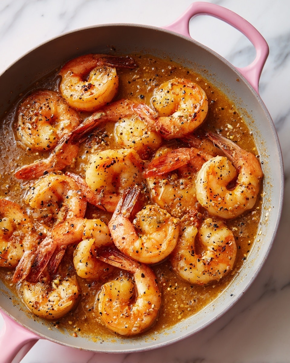 A large gray pan with pink handles holds a single layer of shrimp cooked in a brown sauce. The shrimp are light orange with white highlights, spread evenly and partially soaked in the sauce, which has a speckled texture with hints of black pepper and spices. The pan sits on a white marbled surface, and the background is softly lit to highlight the shrimp and sauce texture. photo taken with an iphone --ar 4:5 --v 7