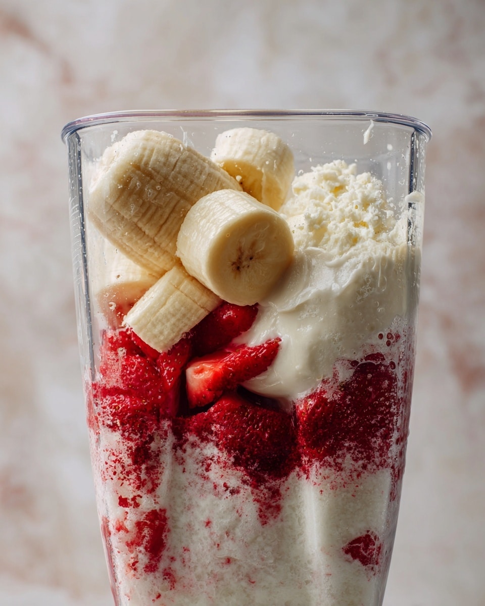 Inside a clear blender jar, there is one layer of red strawberry pieces at the bottom, topped by a peeled, light yellow banana segment, and on top of that is a thick, white creamy layer. The background is a white marbled texture. Photo taken with an iphone --ar 4:5 --v 7