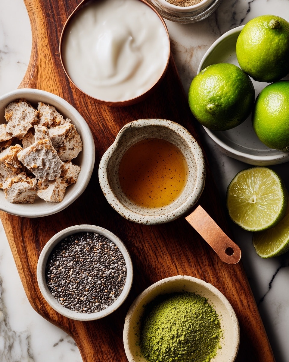 A wooden board holds many small containers with ingredients. At the top right, a white bowl with four green limes rests. Below that, a copper measuring cup holds a thick white creamy substance. Near the center, a small speckled beige bowl contains a thin, amber liquid. To the left, a white bowl is filled with broken beige crackers. At the bottom center, a white bowl is full of black and white chia seeds with a grainy texture. In the bottom left, a small beige bowl has a bright green powder. The background is a white marbled surface. photo taken with an iphone --ar 4:5 --v 7