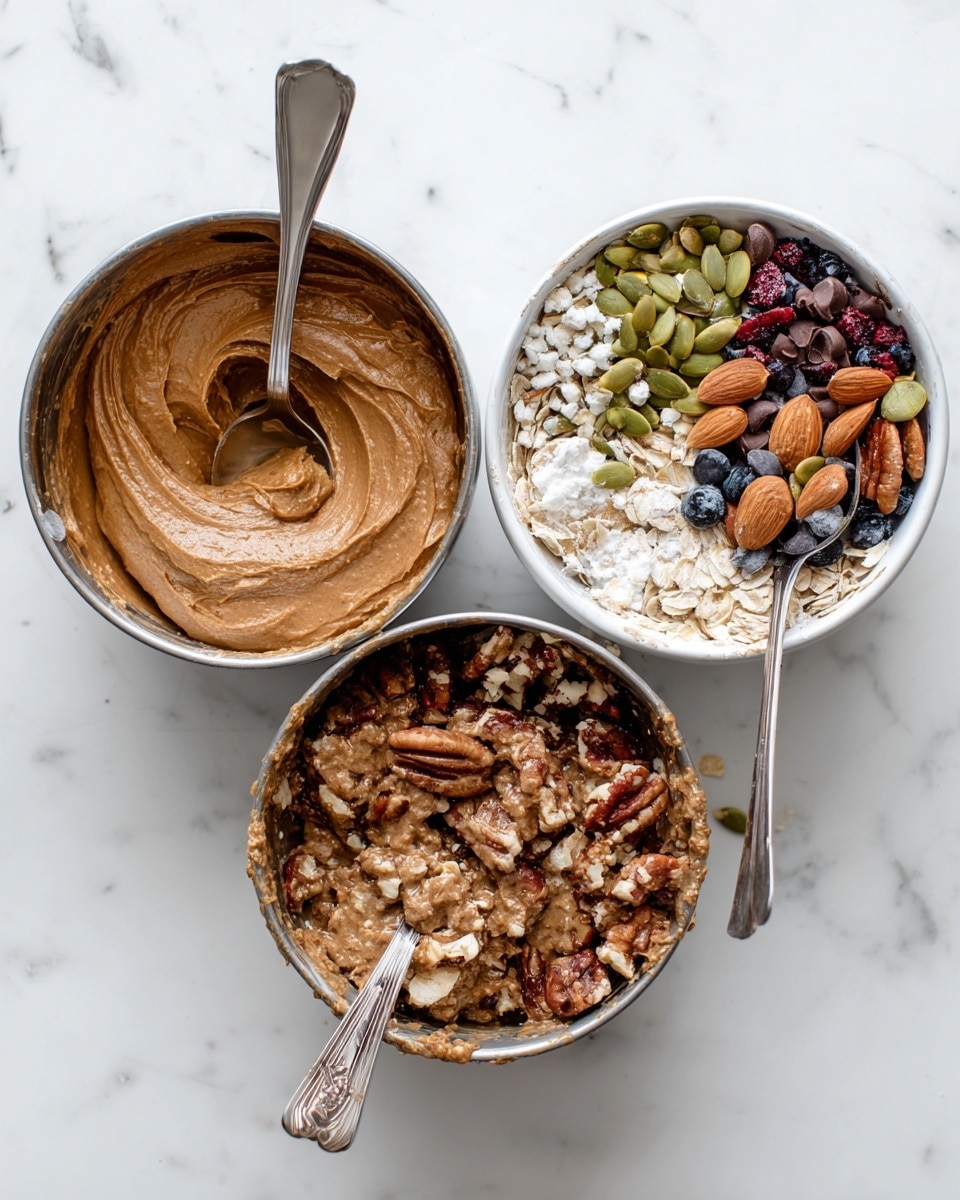 The image shows three metal mixing bowls placed on a white marbled surface, each with different contents. The first bowl on the left contains a smooth, thick, brown paste, with a silver spoon resting inside. The middle bowl is white and filled with a dry mix of oats, pecans, almonds, pumpkin seeds, dried berries, and some chocolate chips, with a spoon inside. The third bowl on the right has a sticky, clumped mixture that combines the brown paste with the oats and nuts, with a spoon partially buried in it. The textures vary from smooth and creamy in the first bowl, to dry and loose in the middle, to sticky and clumped in the last one. photo taken with an iphone --ar 4:5 --v 7