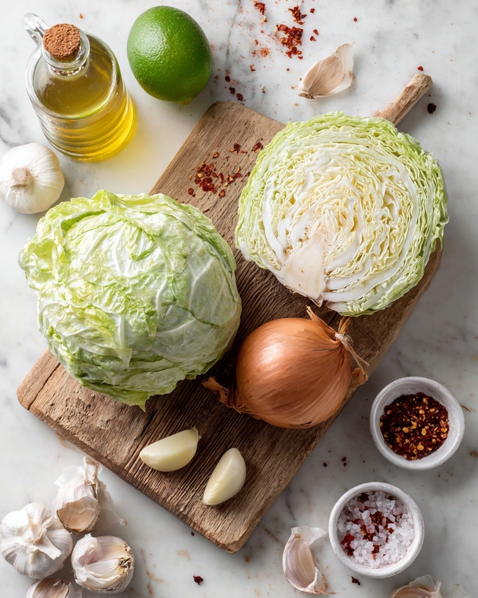 The image shows a cutting board with a round cabbage, half a cabbage with white and pale green layers, a whole brown onion, and three peeled garlic cloves scattered on the board. Around the cutting board, a whole green lime, a glass bottle of oil, and three small white bowls with spices—brown, red chili flakes, and white salt—are placed on a white marbled surface. The colors are bright with a clean, fresh look. Photo taken with an iphone --ar 4:5 --v 7