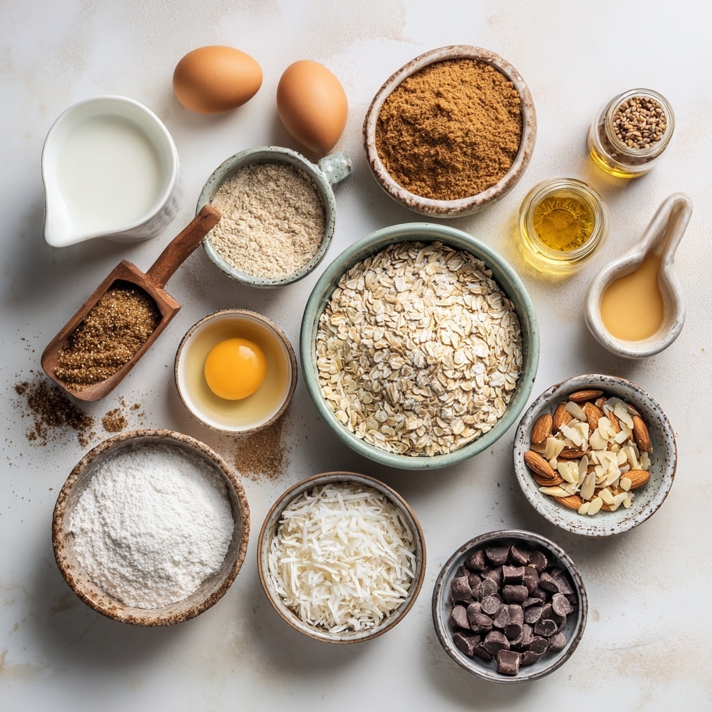 The image shows a square shaped dessert bar on a white plate with ridged edges. The dessert has a dense, crumbly base in a light golden brown color. The top layer is sprinkled with white shredded coconut flakes mixed with small orange pieces that seem like butterscotch or caramel bits, as well as darker brown chunks that appear to be chocolate. A silver spoon is scooping a corner of the dessert, with some coconut flakes and bits on the spoon. The plate sits on a white marbled surface. photo taken with an iphone --ar 4:5 --v 7