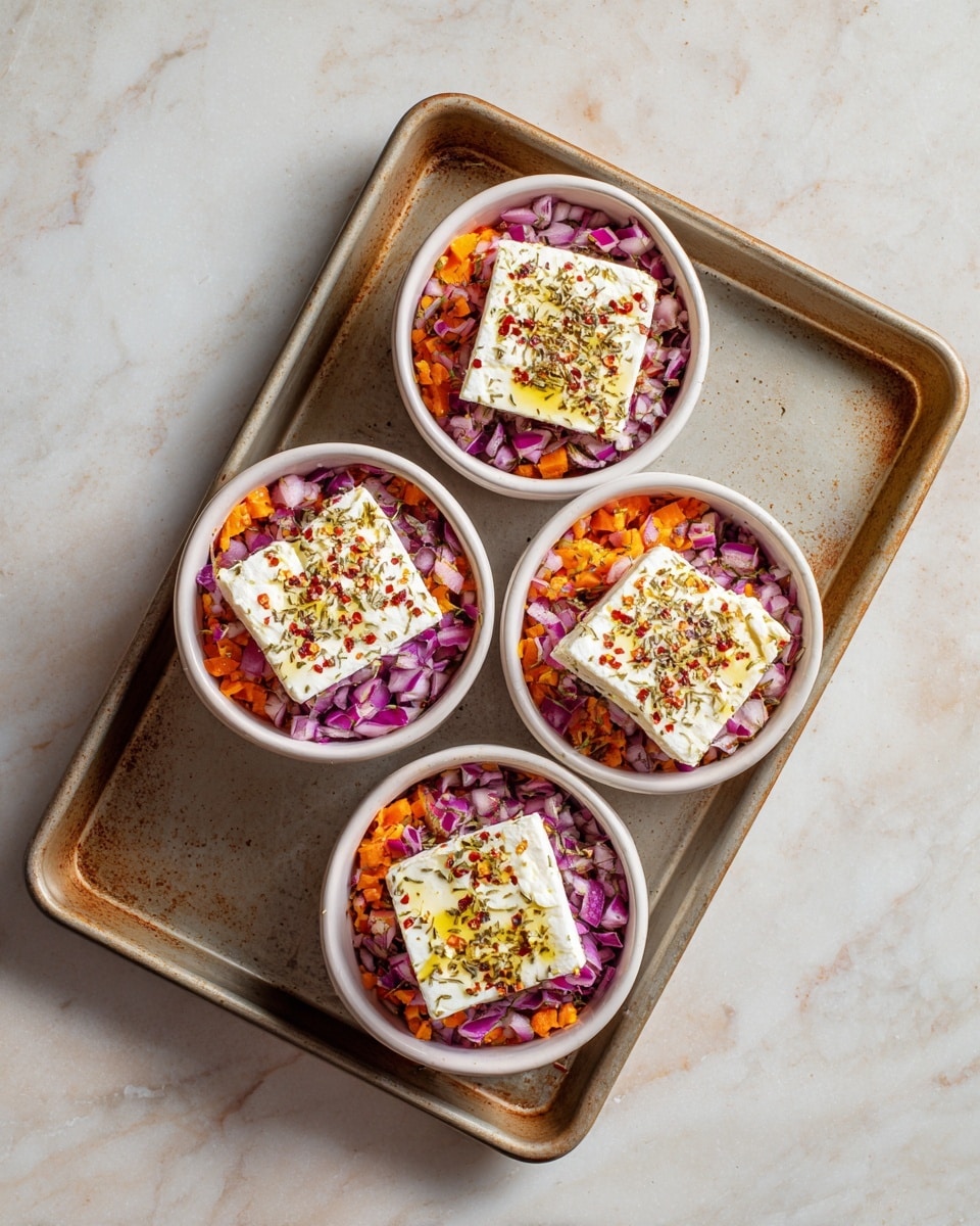 A white marbled surface holds several clear glass bowls and a white plate arranged neatly. At the top left, a clear glass bowl is filled with whole bright red cherry tomatoes. To the right of it, four brown eggs rest directly on the surface. Below the eggs, a small clear bowl contains golden yellow olive oil. Next to it, a clear bowl holds finely chopped purple and white onions. Below the cherry tomatoes, a medium clear bowl is full of fresh green spinach leaves. In the bottom right corner, a larger white bowl contains chopped orange carrots. To the left of the carrots, a small clear bowl is filled with finely minced garlic. Next to the garlic bowl, a small white plate has different dried spices separated into sections: green herbs, black pepper, red chili flakes, and white salt. At the far left, a block of white feta cheese with a blue label sits on the surface. The photo was taken with an iphone --ar 4:5 --v 7