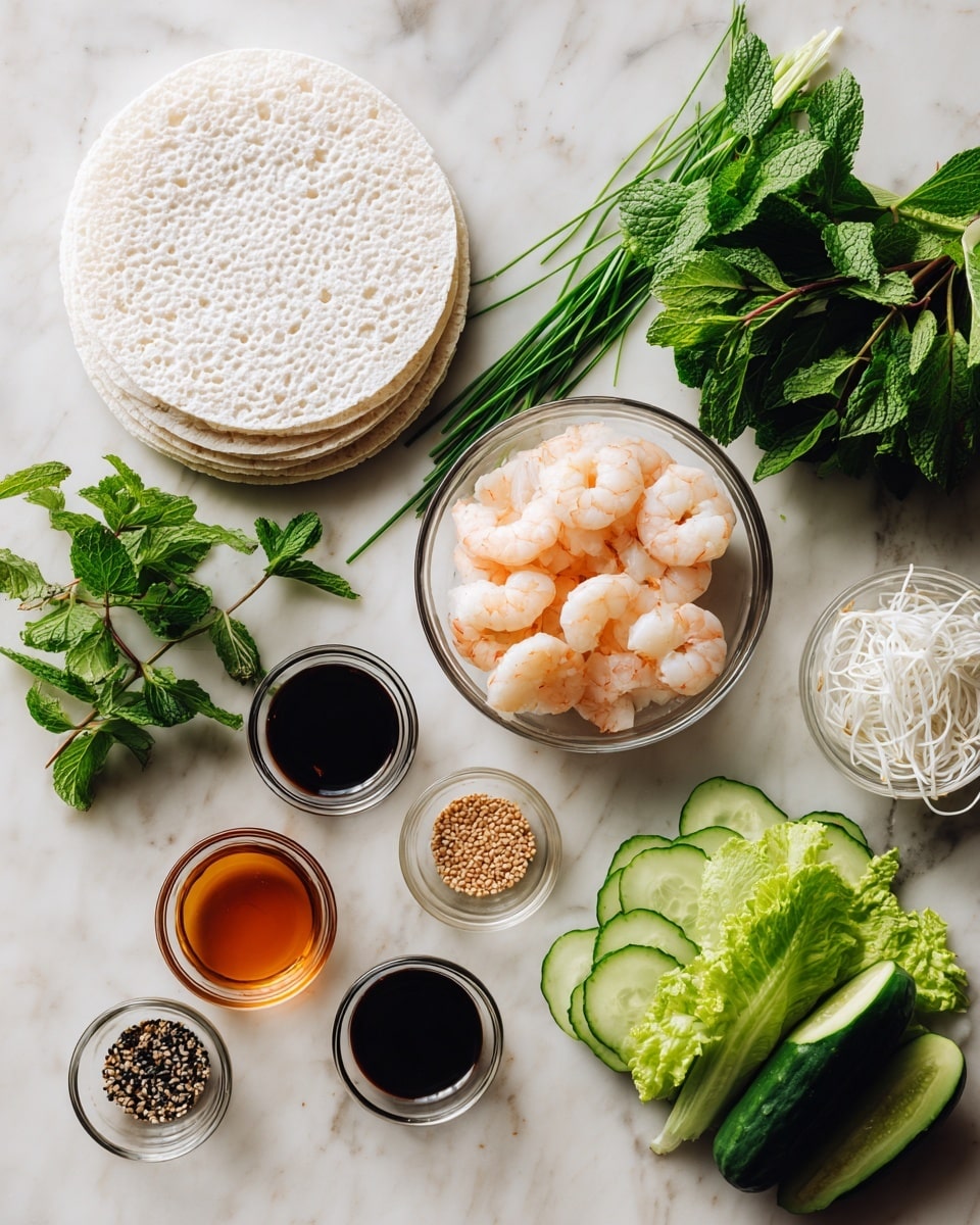 The image shows fresh ingredients for a spring roll dish neatly arranged on a white marbled surface. There is a stack of round, white rice paper sheets with a textured pattern, placed near a small bunch of green chives. In the center, a clear glass bowl holds pale pink cooked shrimp with a slight shine. To the right, a small glass cup contains bright green leafy lettuce next to a bundle of thin, white rice noodles and three fresh dark green cucumbers. Below, there are small glass bowls holding dark soy sauce, light brown peanut sauce, clear liquid vinegar, amber honey, and a mix of white and black sesame seeds. Sprigs of fresh mint and cilantro with green leaves are placed to the left side. photo taken with an iphone --ar 4:5 --v 7
