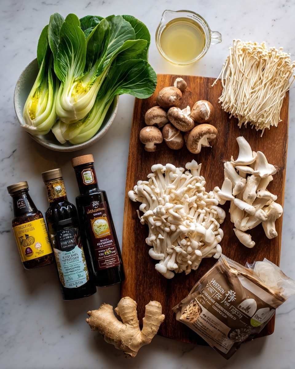 The image shows a white marbled surface with a dark cutting board placed in the center. On the board, there are several types of mushrooms arranged in groups: sliced white button mushrooms, small white shimeji mushrooms, larger king oyster mushrooms, and brown and beige clumps of other mushrooms. To the top left of the cutting board, there is a bunch of fresh green bok choy leaves in a white bowl. Near the bottom left, there are three bottles lined up: a bottle of organic soy sauce, a bottle of rice vinegar with a yellow label, and a bottle of toasted sesame oil with a dark red label. On the right side of the board, there is a packet of organic udon noodles with light beige noodles visible through the packaging. Next to the packet, a glass measuring cup filled with a light yellow broth or stock is placed. A small piece of fresh ginger root rests on the cutting board near the udon noodles. The composition is well-lit with natural light. photo taken with an iphone --ar 4:5 --v 7