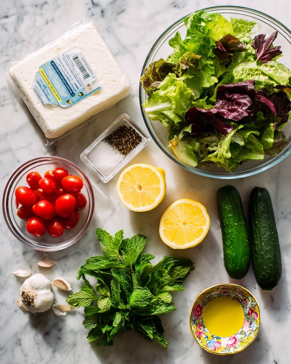 The image shows fresh ingredients for a salad arranged on a white marbled surface. There is a large clear glass bowl full of mixed leafy greens with different shades of green and reddish purple, placed on the right side of the image. Next to it are two lemon halves, bright yellow with juicy texture. Below the lemon lies a bunch of fresh green mint leaves with a small garlic clove nearby. In the lower left corner, a small clear glass bowl is filled with shiny red grape tomatoes. Above the tomatoes, there is a white rectangular dish holding coarse salt and cracked black pepper. Near the center, a packaged block of white halloumi cheese with blue and black text is present. Three small green cucumbers are placed vertically between the bowls and the cheese. A small colorful ceramic bowl with a floral design holds a light golden liquid, likely oil. The overall scene is bright with natural lighting. Photo taken with an iphone --ar 4:5 --v 7