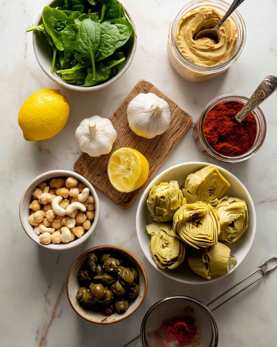 The image shows several cooking ingredients arranged on a white marbled surface. In the center right, there is a white bowl filled with light yellow artichoke hearts stacked together with a soft texture. Below it, there is a small brown bowl holding dark green capers. At the bottom left, a white bowl contains raw cashew nuts that are light cream in color. Above it, a metal strainer holds pale beige chickpeas with a smooth, round shape. Towards the top left, a white bowl holds fresh green spinach leaves with visible veins and a crinkled texture. In the middle, a small wooden cutting board has a bright yellow lemon, a light brown shallot, a white garlic bulb, and a glass jar filled with a deep red powder, which has a silver spoon inside. To the top right of the cutting board, there is a clear plastic container with a creamy brown paste and a spatula inside. Photo taken with an iphone --ar 4:5 --v 7