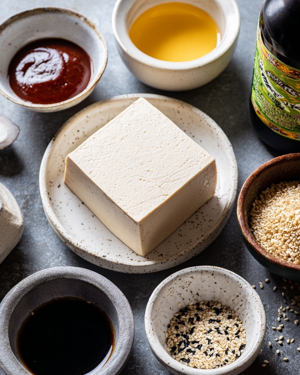 A neatly folded rectangular block of light beige tofu sits on a white plate with small brown speckles, surrounded by five small white bowls and a small gray bowl, all arranged on a dark surface. The small gray bowl contains a thick, deep red sauce with a smooth texture, while one white bowl is filled with a golden yellow liquid, another holds a dark reddish-brown liquid, and another one has a mix of black and white sesame seeds with a coarse texture. A small brown-rimmed bowl holds a dark black liquid, and part of a bottle with a green and yellow label is visible on the right side. The scene is neat and clean. Photo taken with an iphone --ar 4:5 --v 7