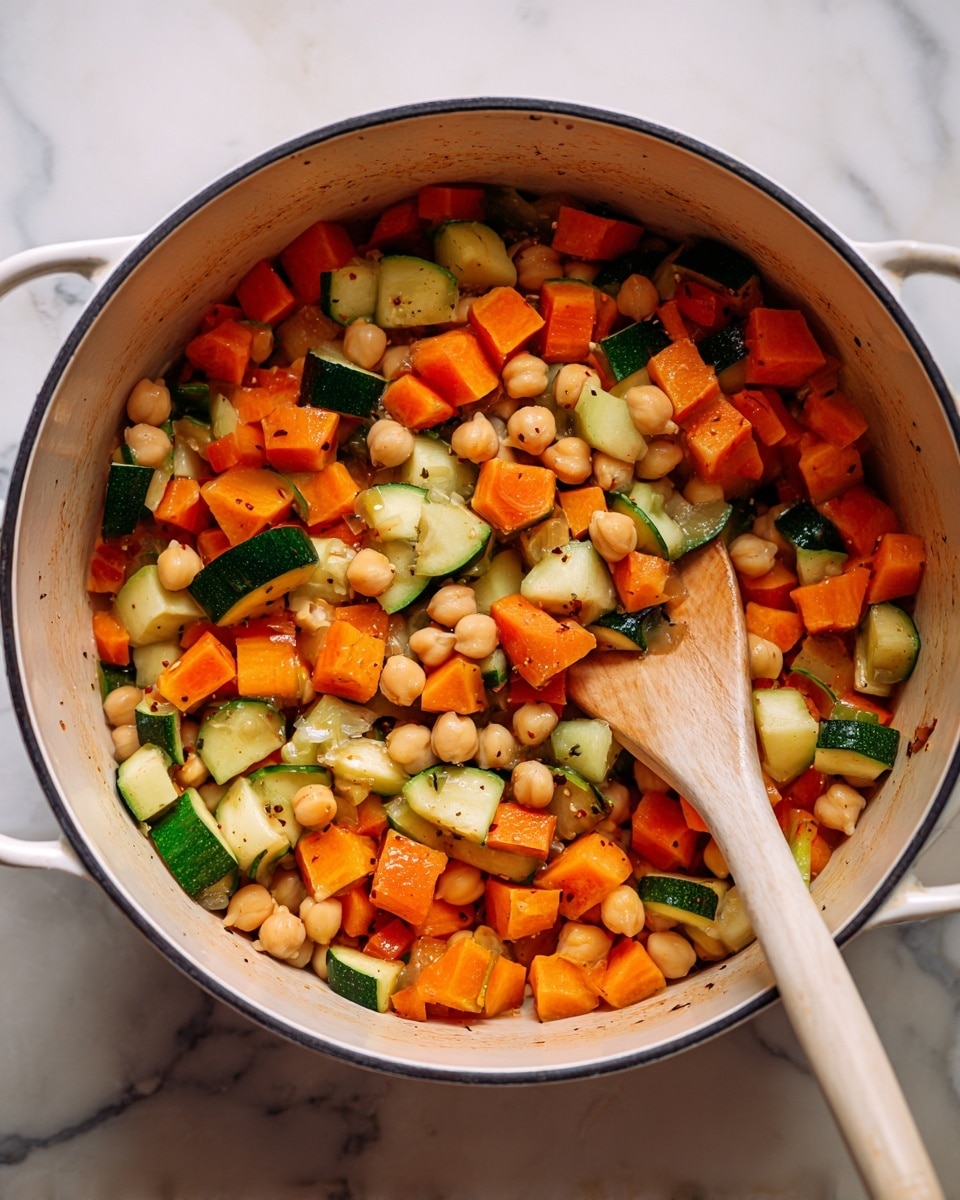 The image shows a tray with eight white bowls and containers holding different raw ingredients arranged neatly on a white marbled surface. On the top left is a large bowl filled with bright orange cubed squash, followed to the right by a small bowl of long-grain white rice, and next to it, yellow cubed pieces of what looks like potato. Below the rice bowl sits a small light green container with round beige chickpeas inside. Beside it is a tiny white bowl filled with dried green herbs and red pepper flakes. Adjacent to this is a small white dish holding red tomato paste and chopped garlic. In the center is a medium-sized bowl overflowing with finely chopped white onions. To the bottom left is a large bowl with dark green and white diced zucchini. The bottom part of the tray is filled with fresh dark green leafy greens, and the bottom right has a white bowl full of red chunky tomato sauce. The photo looks natural and clear, taken with an iphone --ar 4:5 --v 7