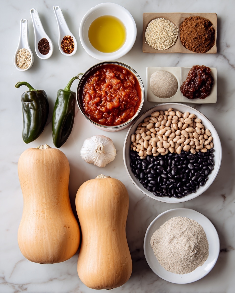The image shows various raw ingredients placed on a white marbled surface. On the right, there is a white bowl filled with two layers of beans: light brown beans on top and dark black beans below them. Next to the bowl, there are two whole butternut squashes side by side, both light orange with a matte texture. Below the squashes, there is an open can filled with chunky red tomato sauce. To the left of the tomato can, two dark green poblano peppers with smooth and shiny skin lie next to each other. Above them is a small white bowl with oil, a whole light brown onion with dry skin, and four peeled garlic cloves near it. In the top left corner, two white measuring spoons contain brown cocoa powder and white quinoa. Below them, a small white bowl contains white flour. Near the middle top, a small white plate holds four sections with different spices in beige, brown, red, and oatmeal colors. Next to this plate is a small white dish with a dark brown, thick paste. The photo is taken with an iphone --ar 4:5 --v 7