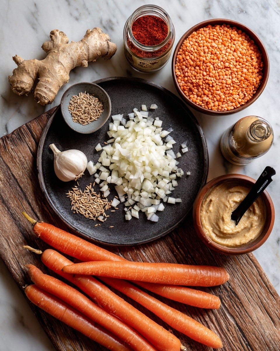 A dark round plate holds a pile of small white chopped onion pieces in the center; to the left of the onions are ginger root and a small garlic bulb, below them is a small gray bowl with two spices: light brown round coriander seeds and elongated darker cumin seeds. Below the plate are many long bright orange carrots spread out against a wooden surface with a worn texture. To the top right of the plate is a brown bowl filled with orange lentils, next to it is a jar with red chili powder and a black spoon inside. Beside the jar is a bottle with a dark label, and in front of it is a small round bowl filled with light tan smooth paste. The whole scene is set on a white marbled surface photo taken with an iphone --ar 4:5 --v 7