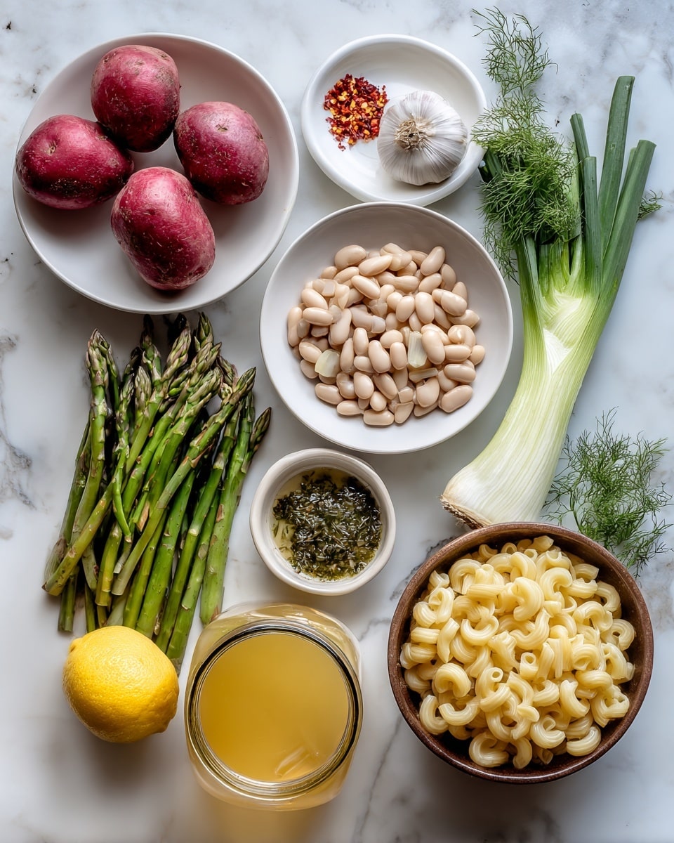 The image shows a white marbled surface with several food ingredients arranged neatly in layers. On the left, there is a white bowl holding four small red potatoes and one yellow onion. Above it, a small white plate contains a garlic bulb and red chili flakes. Next to these, a bunch of fresh green asparagus stalks lies alongside flat green beans and a fennel bulb with its green stalks and thin leaves spreading out. To the right, a white bowl holds beige beans, and below it another white bowl contains a green herb sauce, with a small bunch of parsley placed beside it. At the bottom right, a brown bowl is filled with uncooked elbow macaroni. In the foreground, a glass jar with yellow broth and a whole lemon sit on the marble surface. photo taken with an iphone --ar 4:5 --v 7
