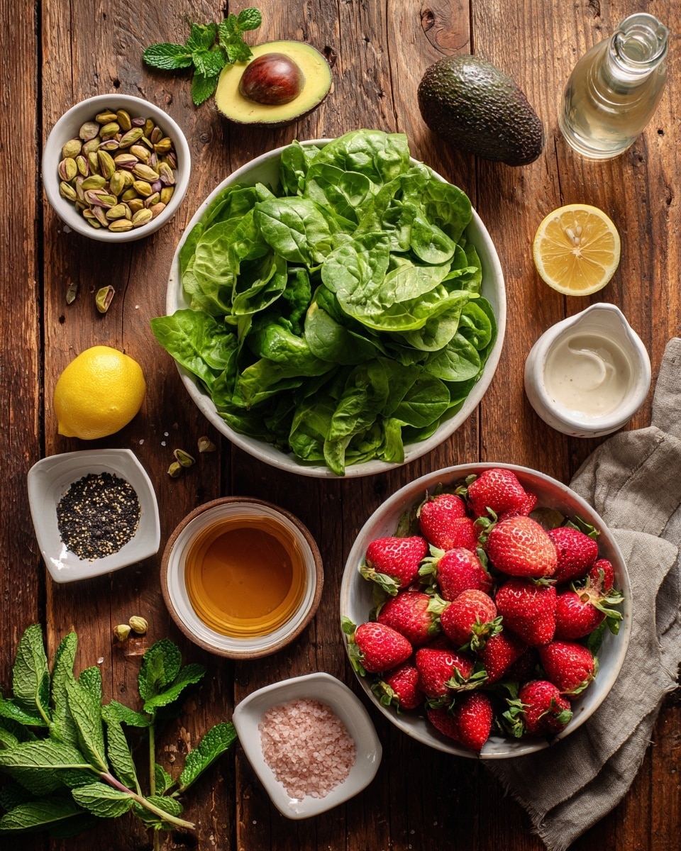A large white bowl filled with bright green, leafy lettuce is placed on a rustic wooden surface. Next to it, a white bowl holds a pile of fresh, red strawberries with green tops. Surrounding these main bowls are small white dishes holding different ingredients: golden-brown pistachios, black poppy seeds, a mix of pink salt and black pepper, and a dollop of beige mustard. A lemon half, a whole dark brown avocado, a small white cup with amber honey, and two bottles, one clear with a white label and the other a darker glass bottle, are also arranged around the bowls. Fresh green mint leaves lie near the pistachios, adding a touch of vibrant color. The scene is captured from above on a rich wooden table with no shadows. Photo taken with an iphone --ar 4:5 --v 7