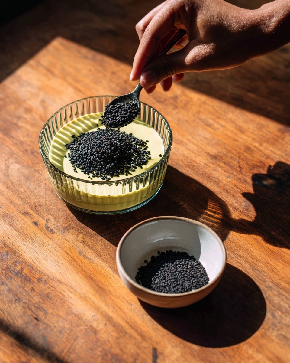 A close-up shot shows a clear glass bowl with a ridged texture, containing a light yellow-green creamy mixture. On top of the mixture, a pile of small black seeds is being poured from a black spoon held by a woman's hand. Next to the bowl is a small white bowl filled with more black seeds. The scene is set on a warm brown wooden surface with visible grain. The light casts soft shadows around the bowls and seeds. photo taken with an iphone --ar 4:5 --v 7