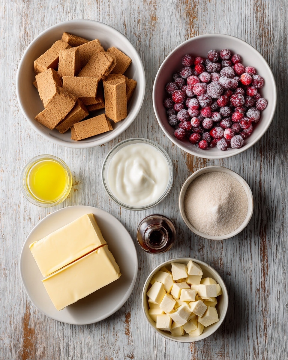 The image shows eight bowls on a wooden surface with white marbled texture. One large white bowl is filled with rectangular brown biscuits arranged loosely. Another large white bowl holds bright red frozen cranberries covered with a thin layer of frost. A smaller white bowl with white cream is positioned next to a glass container of yellow liquid, both adding smooth texture to the scene. There is a small white bowl with white sugar, and beside it, a white plate holds two blocks of light yellow butter. A small bowl contains white flour, and another smaller bowl is filled with creamy beige chips. A small dark bottle is near the flour bowl. The image captures a clean, organized setup of baking ingredients photo taken with an iphone --ar 4:5 --v 7