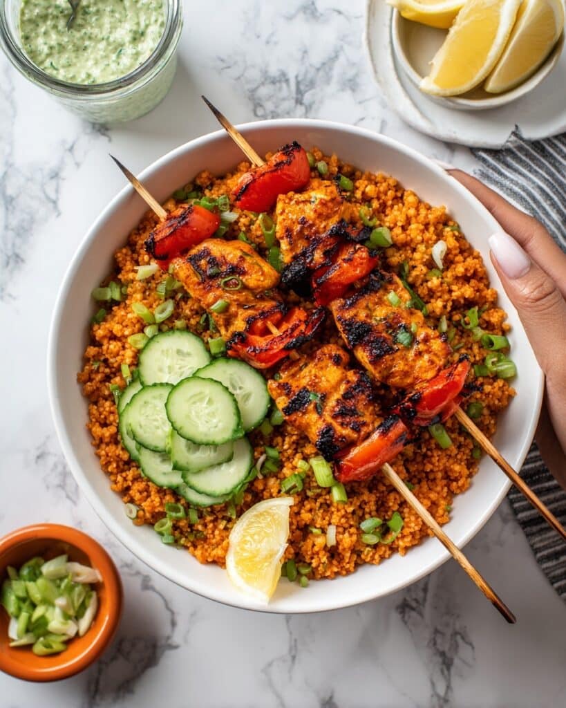 Grilled Chicken Skewers with Bulgur Pilaf and Herbed Feta Sauce Recipe