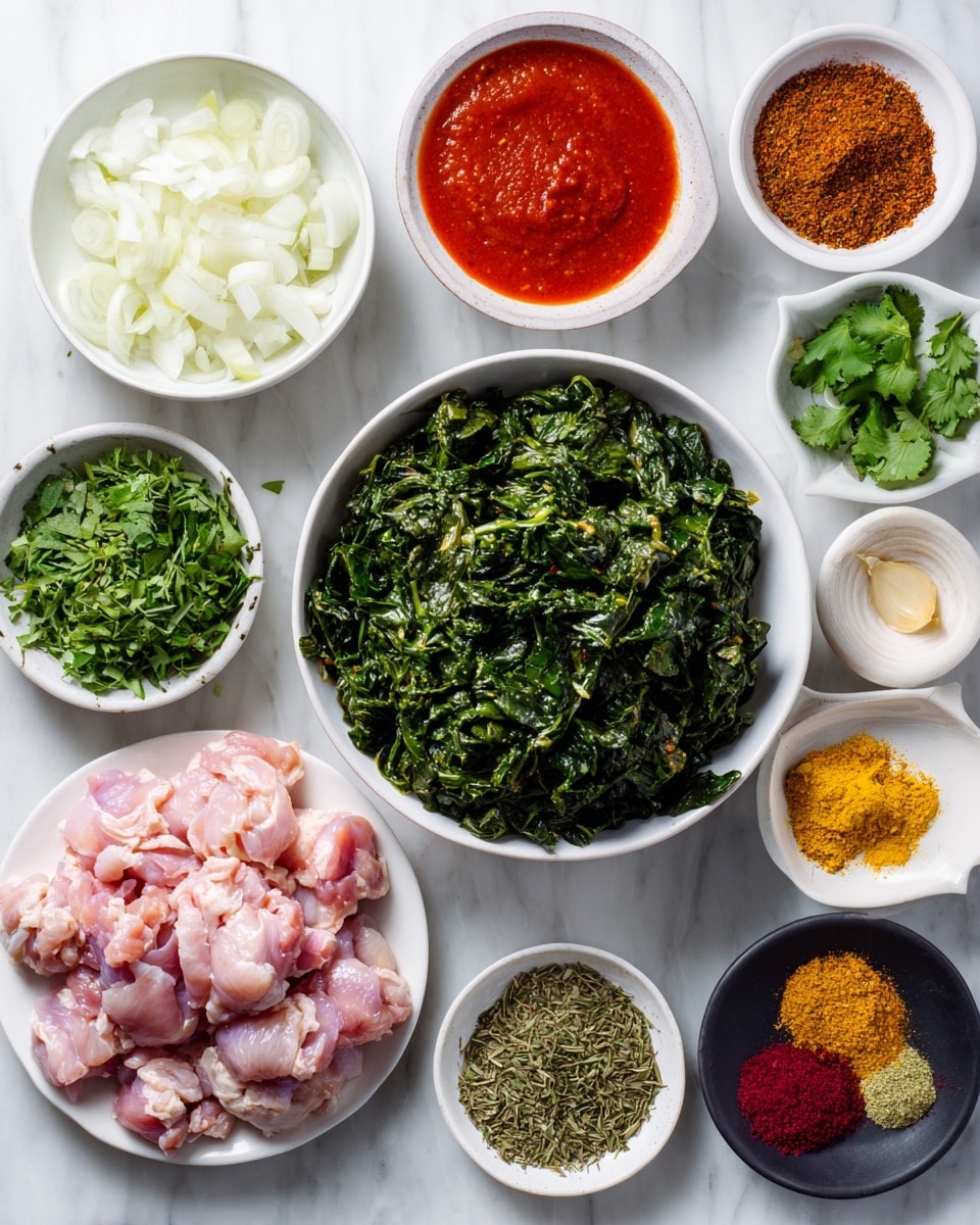 The image shows several white bowls and plates arranged on a white marbled surface, each containing different ingredients. At the center is a large white bowl filled with finely chopped dark green spinach. To the lower left is a white plate stacked with raw pink chicken pieces. Next to it is a smaller white bowl filled with chopped white onions. Above the spinach bowl is a white bowl with a red sauce that looks smooth. To the right of the spinach bowl, there are small bowls and plates with green dried herbs, a mixture of yellow finely grated ginger, white minced garlic, chopped green chili, fresh coriander leaves, and a black plate with an assortment of colorful ground spices including red, brown, yellow, and beige. The overall layout is neat and the colors are bright, with the ingredients clearly visible. photo taken with an iphone --ar 4:5 --v 7