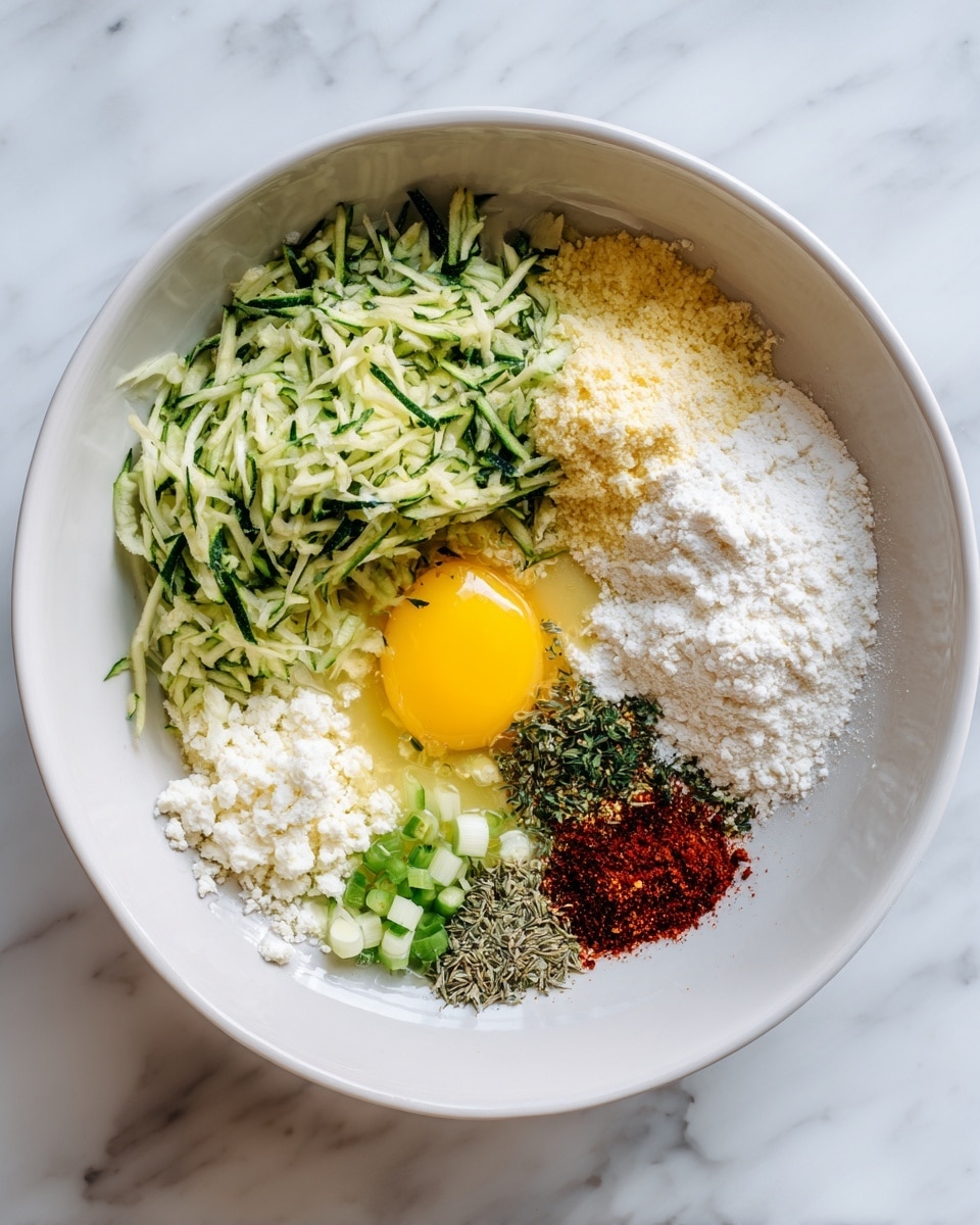A round white bowl sits on a white marbled surface filled with multiple layers of ingredients that have not yet been mixed. In the bowl, on the left side, there is a bright yellow raw egg yolk surrounded by clear shiny liquid. Above and to the right of the yolk is a pile of green shredded zucchini with a fresh, moist texture. To the right of the zucchini is a powdery white pile of flour. Below the flour, there is a pile of crumbly white cheese or ricotta. Between the zucchini and flour, there are small clusters of green diced celery. Below these ingredients near the center, there are several small piles of spices in red and brown shades, along with some dried green herbs. The layers and colors are distinct, showing the separate ingredients clearly in the bowl. Photo taken with an iphone --ar 4:5 --v 7