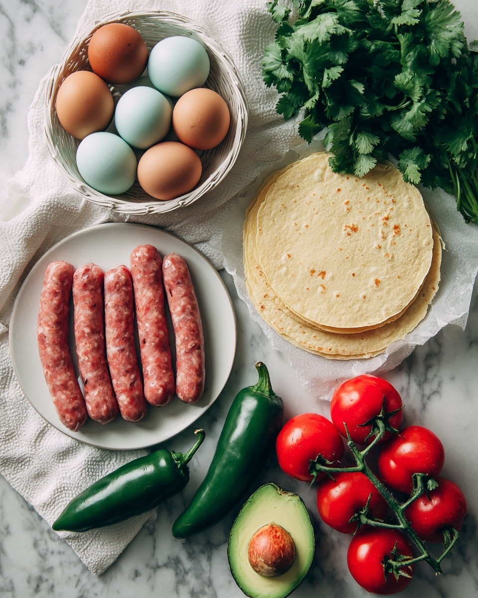 A top view of various fresh ingredients arranged on a white marbled background, including a round white basket filled with a mix of brown and pale blue eggs at the top left. Below it, two green jalapeño peppers lie next to a white plate that holds six raw pale pink sausage links resting on a white paper towel. To the right, there is a stack of five pale yellow corn tortillas placed on a white cloth. Near the bottom right are bright red cherry tomatoes attached to their green vine beside a halved avocado with dark green skin and light green flesh. At the top right, a bunch of fresh leafy green cilantro completes the fresh ingredient display. Photo taken with an iphone --ar 4:5 --v 7