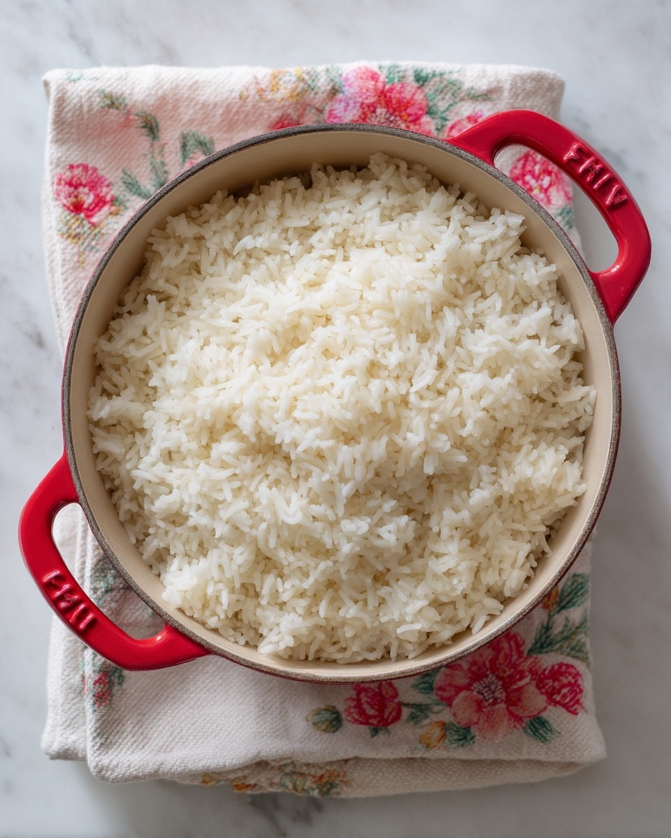 The image shows a round red cooking pot filled with fluffy white cooked rice. The rice grains are soft and separate, filling the pot evenly up to the top. The red pot has two small handles on opposite sides with a brand name embossed on them. The pot is placed on a folded cloth with a light floral pattern, resting on a white marbled surface. photo taken with an iphone --ar 4:5 --v 7