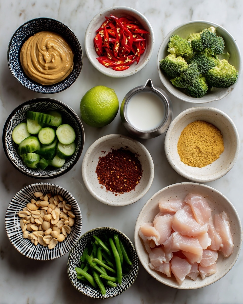 The image shows a top view of several small bowls and one large bowl, all placed on a white marbled surface. The large white bowl on the bottom right holds thin, raw pink chicken strips. Surrounding it are small white bowls with different ingredients: light brown smooth peanut butter, yellow crushed garlic, bright red sliced chili peppers, a dark reddish brown paste, light tan roasted peanuts, and brown powdered spices. There are also bowls with fresh green vegetables: broccoli florets, green beans cut into pieces, and green cucumber slices. A whole lime is placed near the center, next to a silver cup with white coconut milk. The bowls have various black and white patterns. photo taken with an iphone --ar 4:5 --v 7