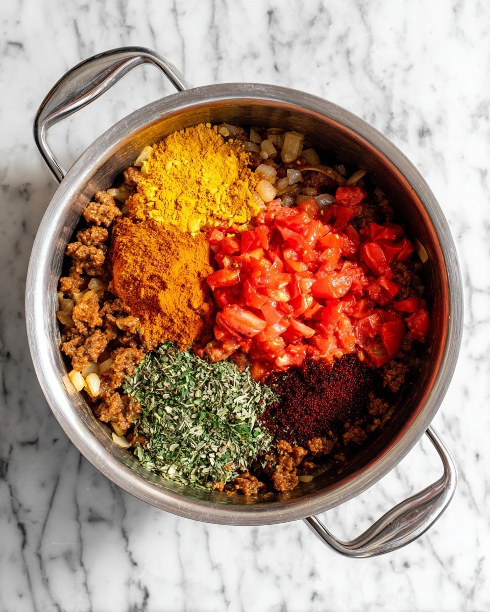A stainless steel pot sits on a white marbled surface filled with several layers: the bottom layer has cooked onion pieces mixed with browned chunks of meat, the middle layer features bright red chopped tomatoes piled in the center, and the top layer displays a mix of vibrant yellow turmeric powder, dark red chili powder, and green dried herbs arranged side by side on one section of the meat. The pot has wide curved handles on both sides. Photo taken with an iphone --ar 4:5 --v 7