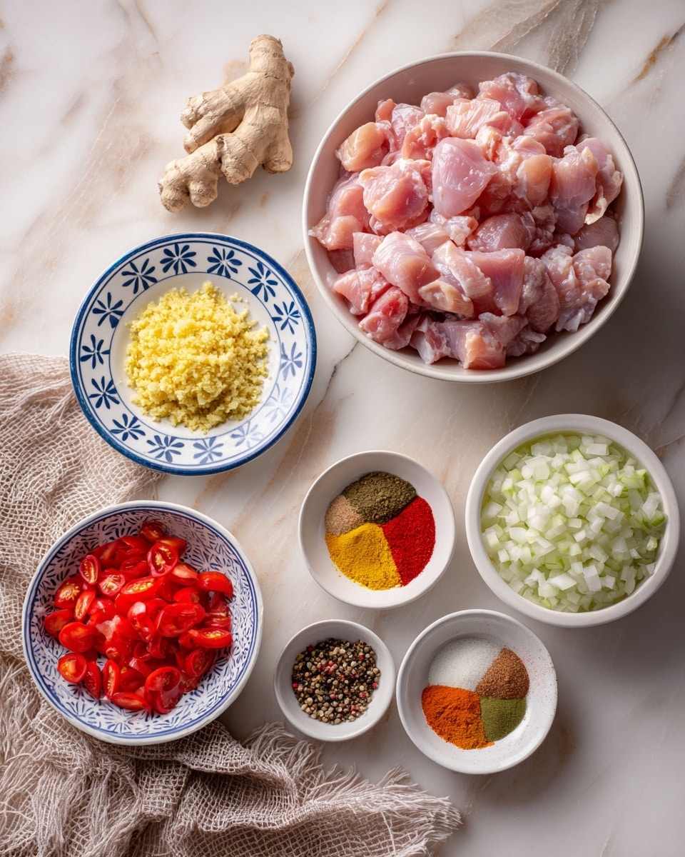 A white plate with a serving of orange curry containing small chunks of meat and vegetables, topped with green chili slices and cilantro leaves. The curry has a thick, textured sauce with visible spices. On the right side of the plate, there is a piece of soft, light brown naan bread with toasted spots. The plate is set on a white marbled surface with a gray textured cloth nearby. Photo taken with an iphone --ar 4:5 --v 7
