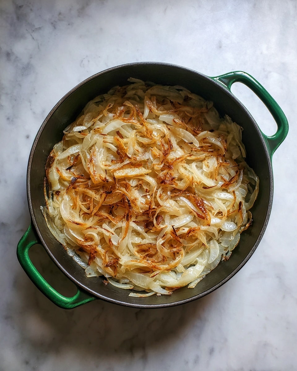 The image shows several pieces of toasted bread on a white plate with a white marbled texture beneath it. Each toast slice has a layer of cooked caramelized onions with a soft, golden-brown look. On top of the onions is a thick layer of melted creamy white cheese that slightly drips over the edges. Small green herb leaves, possibly thyme, are placed on some of the cheese layers, adding a fresh touch. One piece of toast is being held by a woman's hand from the top left corner, showing the size and texture closely. photo taken with an iphone --ar 4:5 --v 7