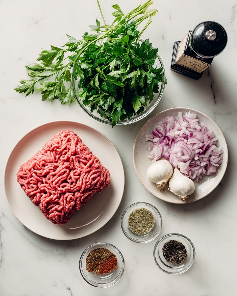 The image shows six main items arranged on a white marbled surface. In the center bottom, there is a white plate with a large, thick square piece of red ground meat. Above it, slightly to the right, is a small white plate filled with chopped purple and white onions and two whole garlic cloves placed side by side. Directly above the plate of meat and to the left, there is a round bowl filled with fresh green leafy parsley, stems pointing outward. To the left of the parsley bowl, a clear glass bowl contains four small piles of dry spices in different colors: black, greenish-brown, red, and light brown. At top left, a dark bottle with a black cap is standing upright, while at the bottom right there is a dark, square-shaped bottle with a label lying on its side. photo taken with an iphone --ar 4:5 --v 7