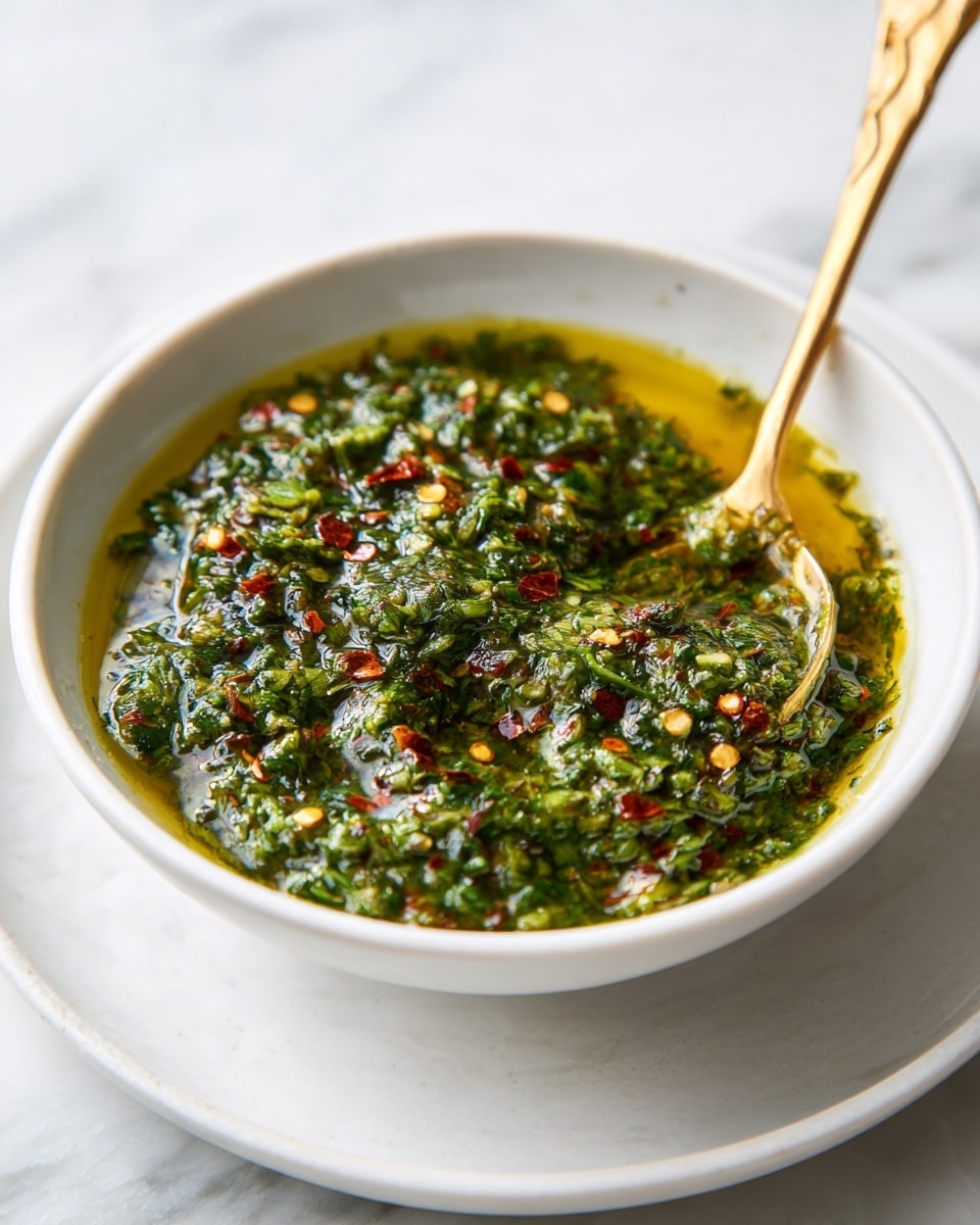 A white bowl filled with a green herb sauce that has a chunky, textured look with bits of red chili flakes scattered on top; the sauce has a shiny oil layer giving it a light glisten. Inside the bowl is a small gold spoon with a fish-tail shaped handle resting partly in the sauce. The bowl sits on a white plate on a white marbled surface, with the sauce appearing fresh and vibrant. photo taken with an iphone --ar 4:5 --v 7