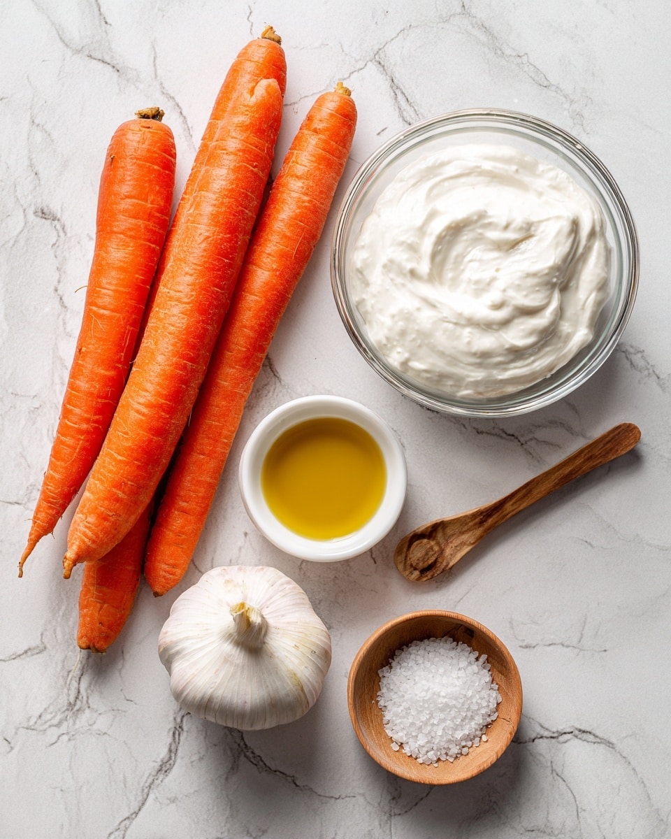 The image shows five fresh ingredients arranged on a white marbled surface: three whole orange carrots placed diagonally on the top left, a clear glass bowl filled with thick white creamy substance on the top right, a small white bowl with golden yellow oil on the bottom left, a whole bulb of white garlic in the center, and a small round wooden bowl with coarse white salt and a small wooden spoon resting inside it on the bottom right. photo taken with an iphone --ar 4:5 --v 7
