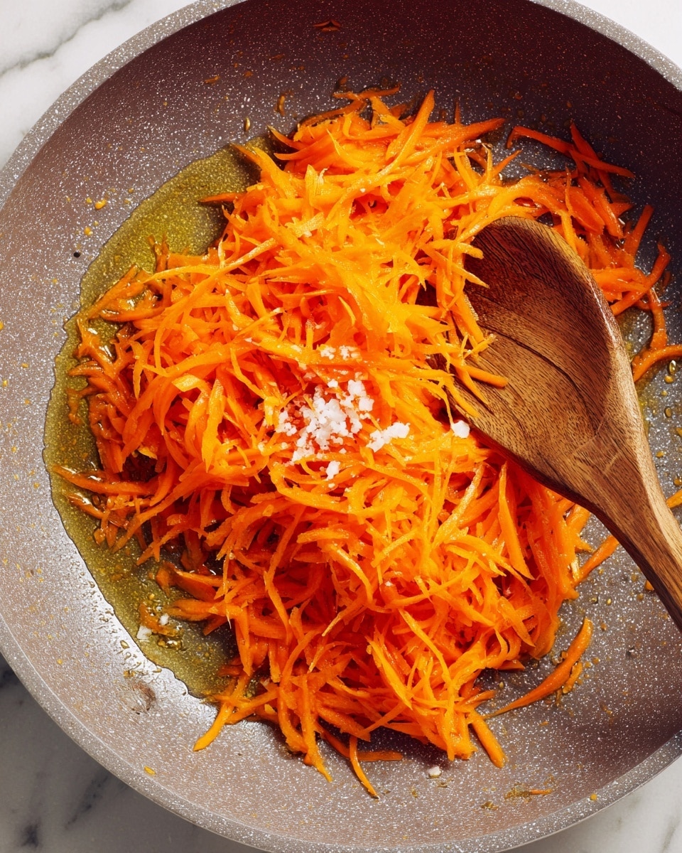 A close-up image of bright orange shredded carrots being cooked in a gray pan with light oil visible on the surface. The carrots are spread unevenly in the pan with some small white bits mixed in. A wooden spoon is stirring the carrots from the right side of the pan over a white marbled surface. photo taken with an iphone --ar 4:5 --v 7