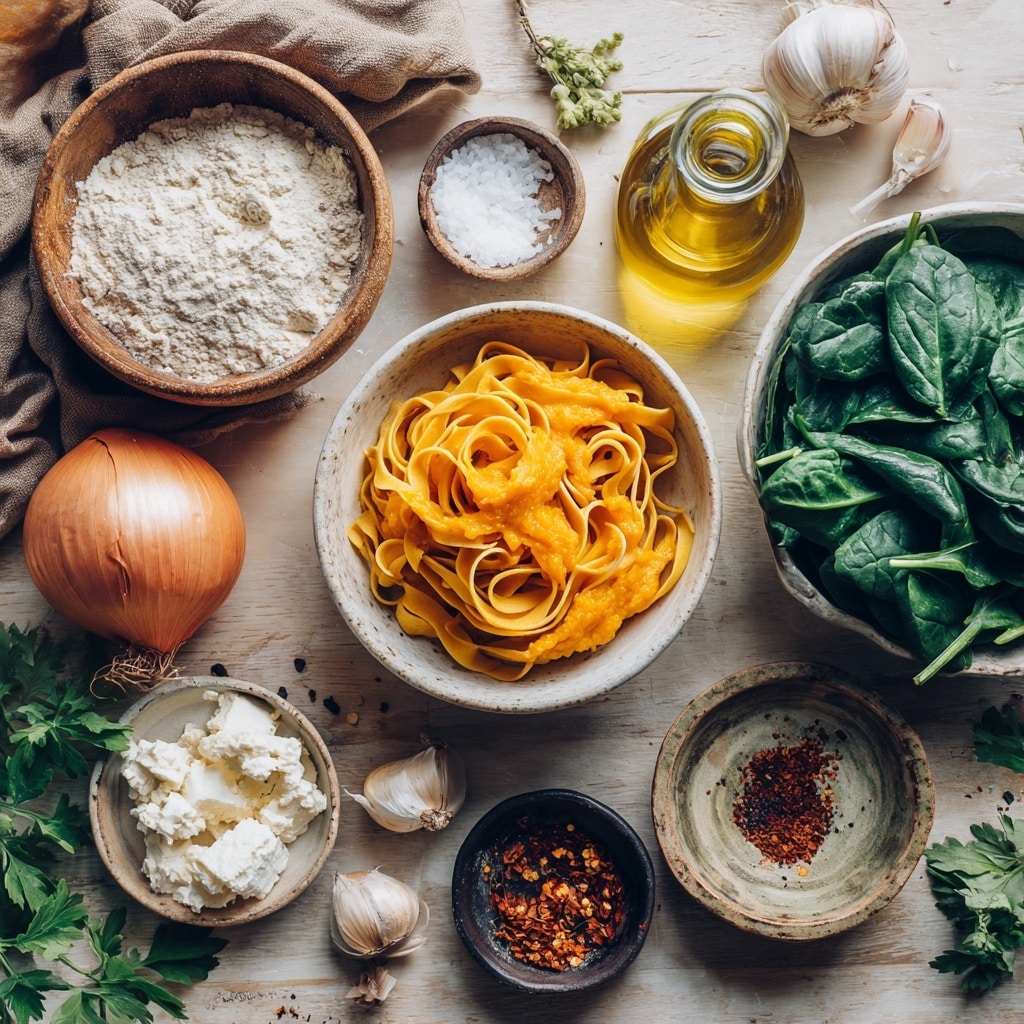 The image shows two white scalloped bowls filled with orange pasta shells mixed with dark green spinach leaves, topped with small white crumbles and specks of red chili flakes. One bowl has a fork with a silver handle engraved with