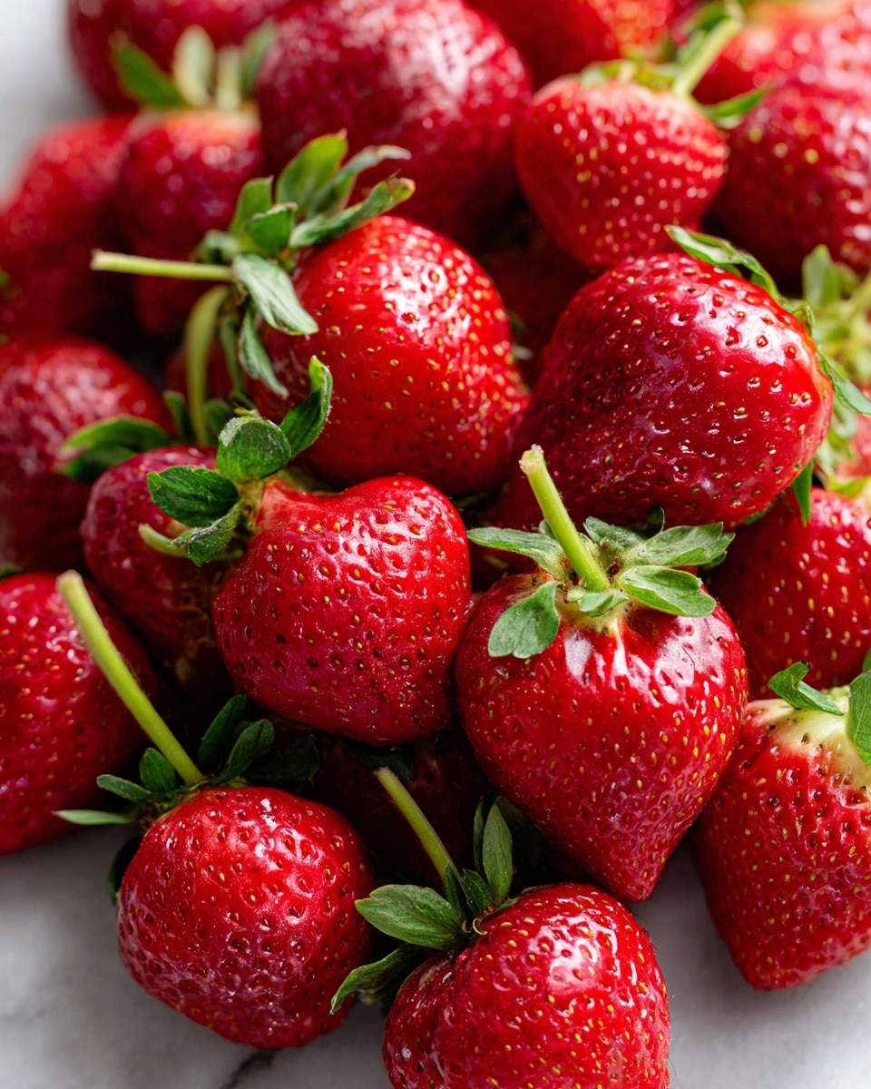 The image shows a close-up view of many fresh strawberries piled together. Each strawberry is bright red with small seeds visible on the surface and has green leafy tops attached. The strawberries have a shiny texture that shows their freshness. Thin green stems stick out from some of the strawberries, adding variation in height and shape to the pile. The strawberries sit on a white marbled surface, creating a clean and simple background that makes the red color pop. photo taken with an iphone --ar 4:5 --v 7
